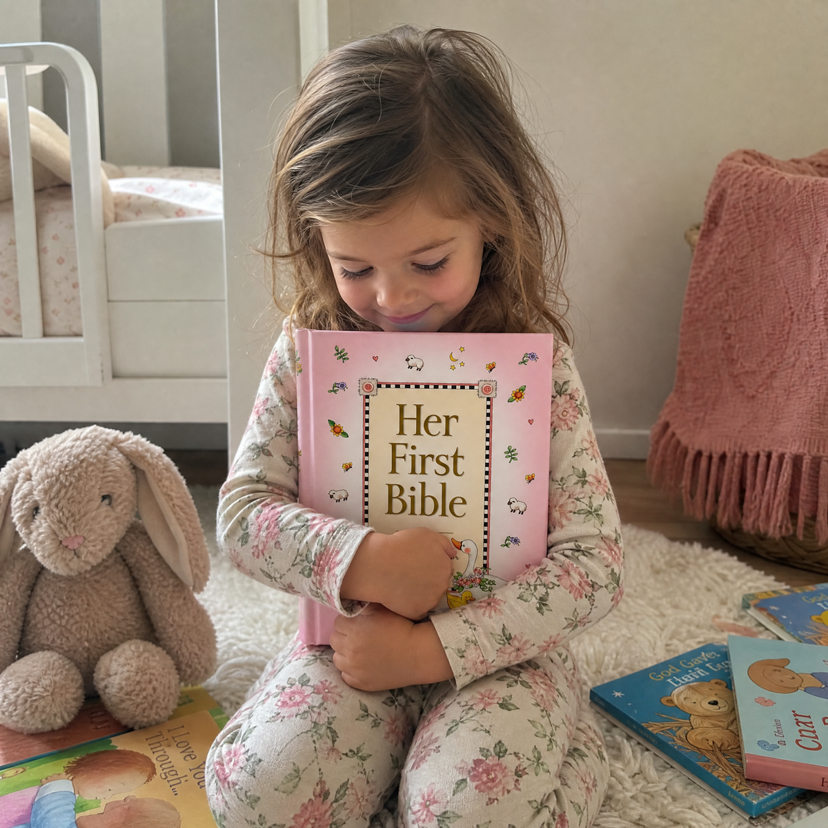 Little girl hugging Her First Bible